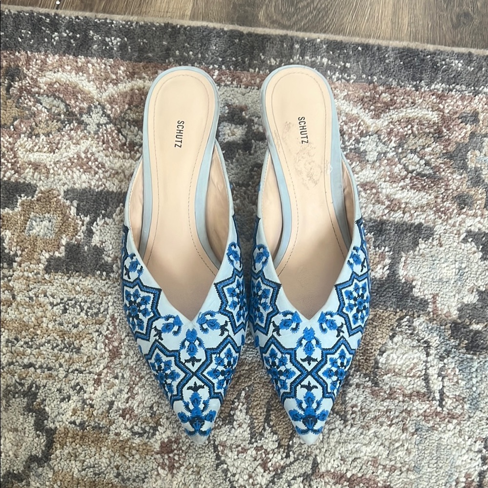Schutz Blue Embroidered Women's Mules 9.5